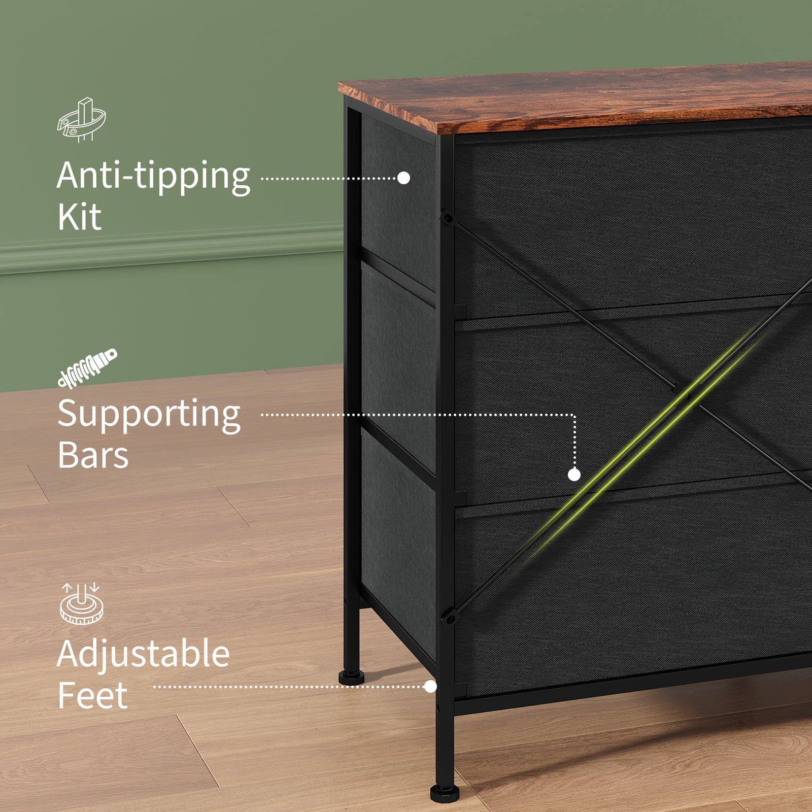 PYY 8-Drawer Wide Fabric Dresser TV Stand for Bedroom, Living Room and Home Office - 63" Storage Chest with Wooden Top, Metal Frame, Fits Up to 75" TV, Modern Organization Cabinet - Brown