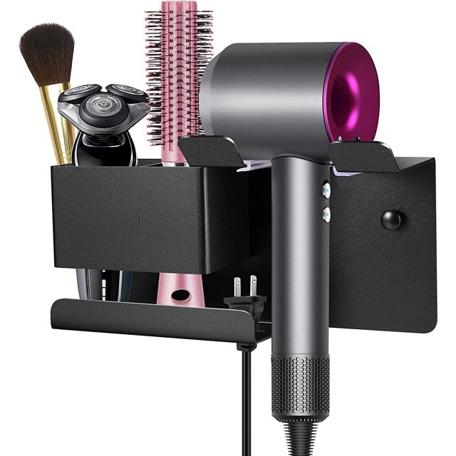Soporte para secador de pelo Soporte para secador de pelo montado en la pared negro Morden, organizador de secador de pelo para baño, soporte para secador de pelo multifunción de aleación de alum