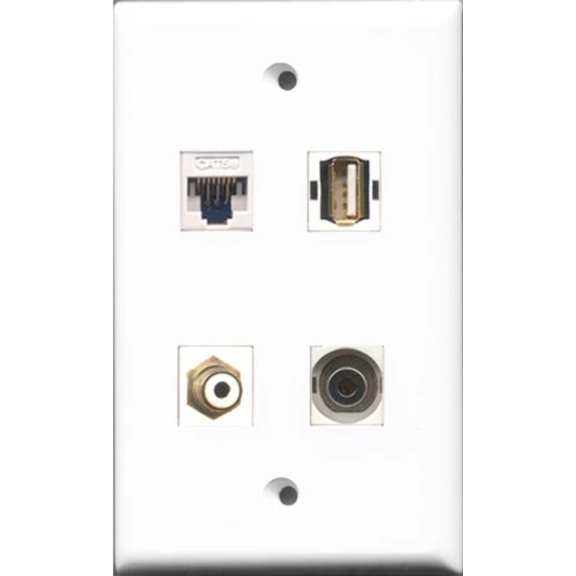 RiteAV 1 Port RCA White and 1 Port USB A-A and 1 Port 3.5mm and 1 Port Cat5e Ethernet White Wall Plate