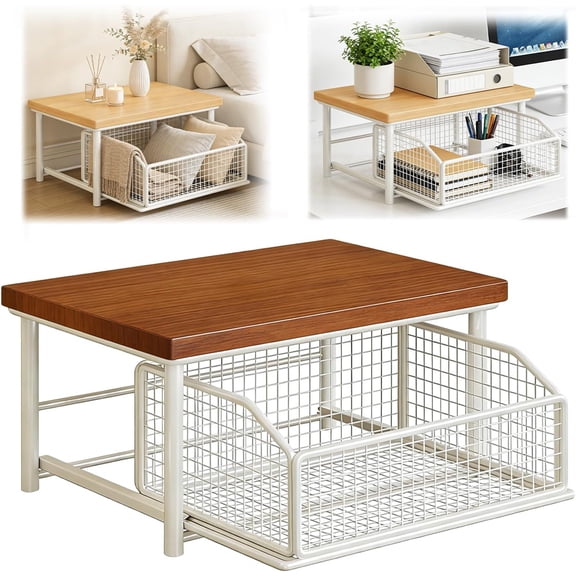 Kitchen Countertop Organizer with Drawer And Wire Basket, 2-Tier Hardwood Shelf for Microwave, Sturdy Hardwood Shelf, Space-Saving Storage