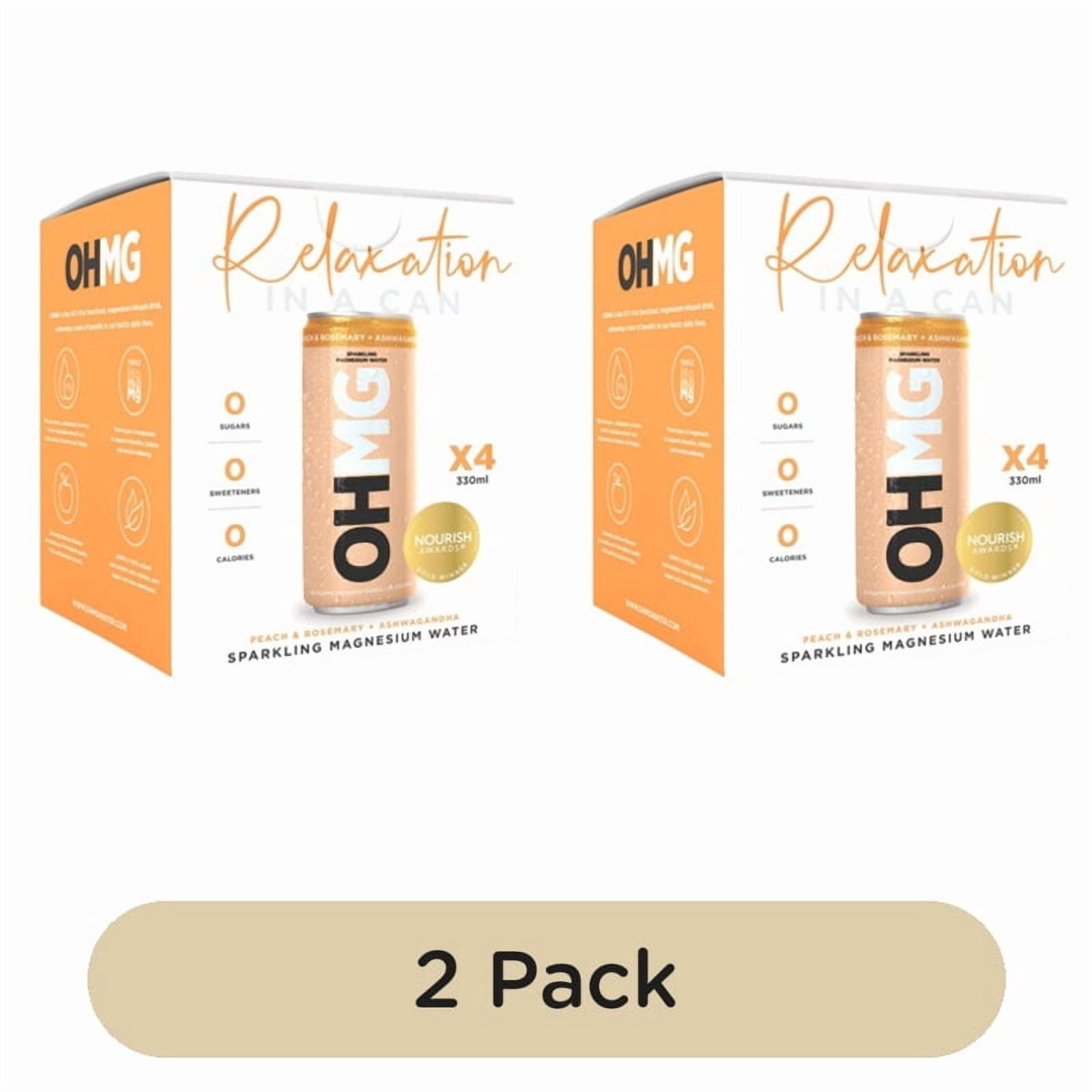 OHMG Peach sparkling magnesium water 4 x 330ml, British Import (Pack of 2)
