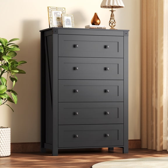 GALAXHERO Farmhouse 5 Drawer Dresser, Black Tall Dresser with Double Rustic Handles, Wood Chest of Drawers for Bedroom, Living Room, Hallway