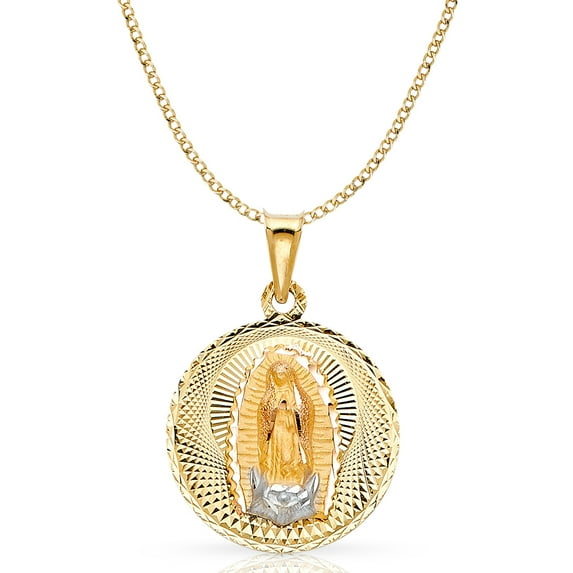 14K Tri Color Gold Diamond Cut Our Lady of Guadalupe Stamp Charm Pendant with 3.5mm Hollow Cuban Chain Necklace - 20"