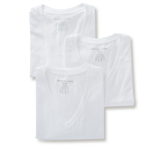 Men's Michael Kors BR2V1023 Performance Cotton Deep V T-Shirts - 3 Pack  (White L) 