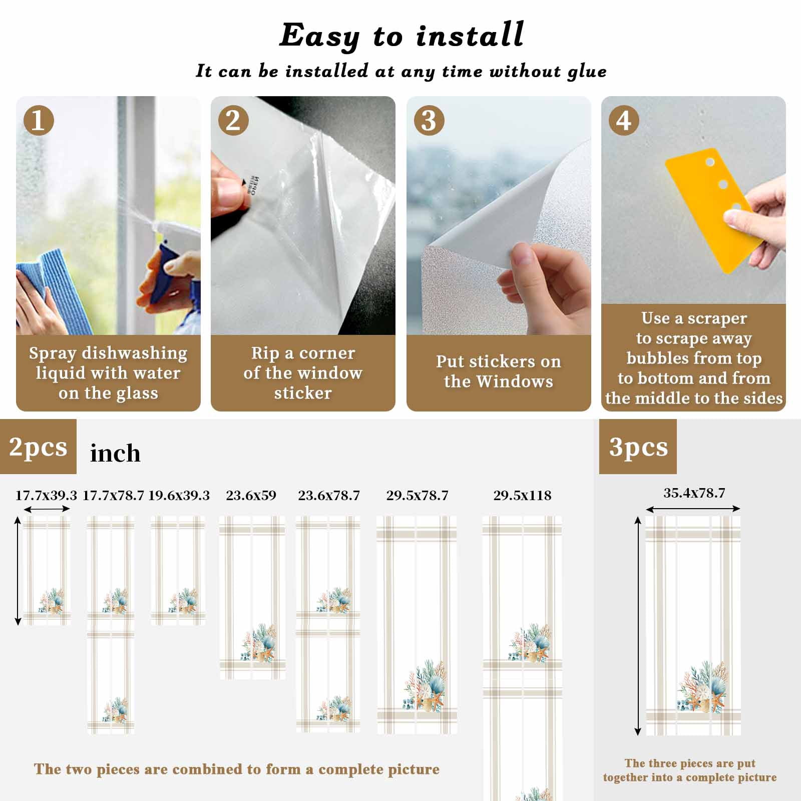 Marine Life Window Privacy Film, Starfish Shell Coral Brown Striped Eucalyptus Leaves Frosted Glass Window Clings Static Cling UV Heat Blocking Reusable Door Sticker for Bathroom 29.5 x 118 Inch