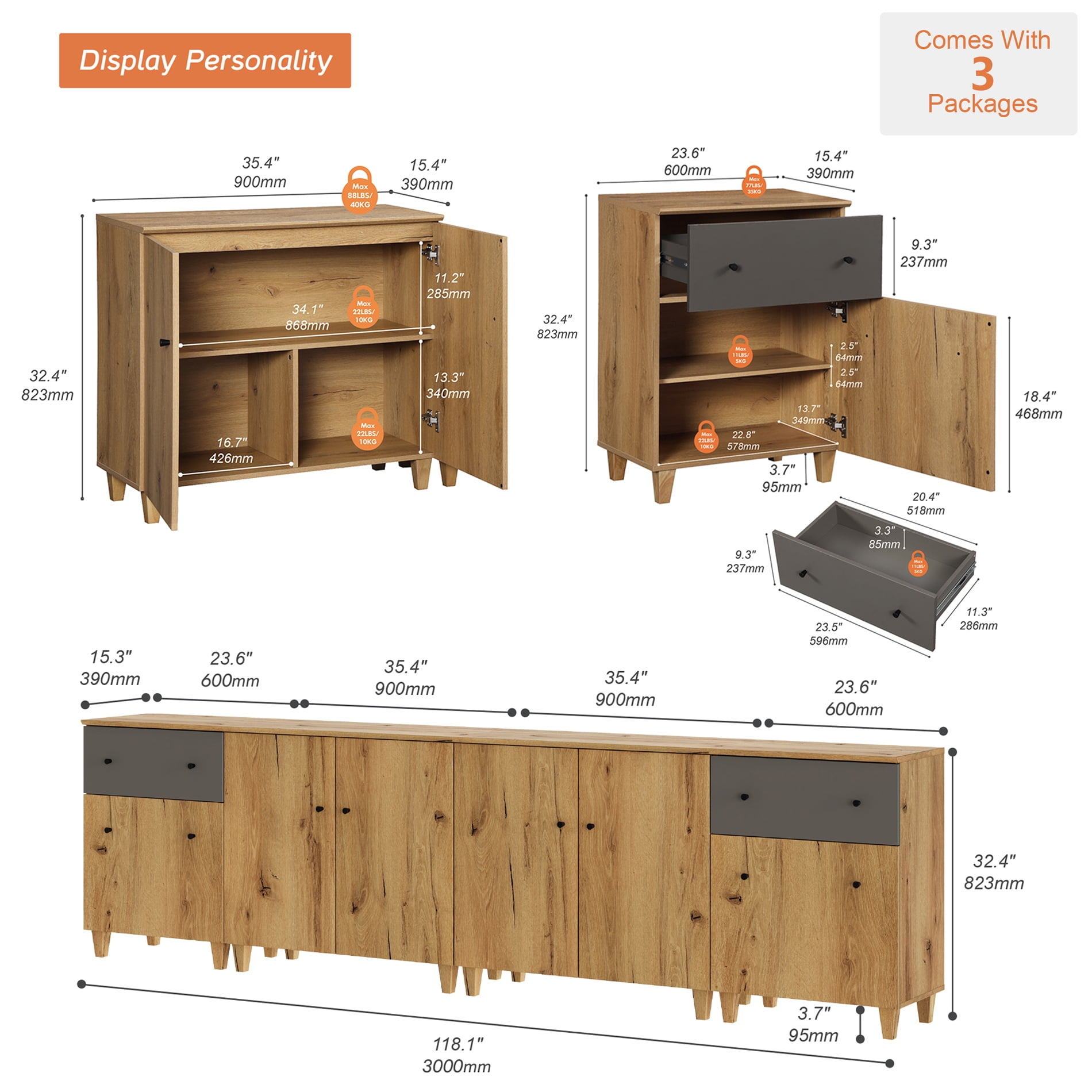 WAMPAT Wide TV Stand for 110+ Inches TVs, 4-in-1 Modern Wooden Media Console with 2 Spacious Drawers and 4 Storage Cabinets for Living Room, Oak Brown