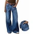thumbnail image 3 of Womens Wide Straight Leg Mid Rise Baggy Pocket Denim Jeans Without Belt Blue XXL, 3 of 9