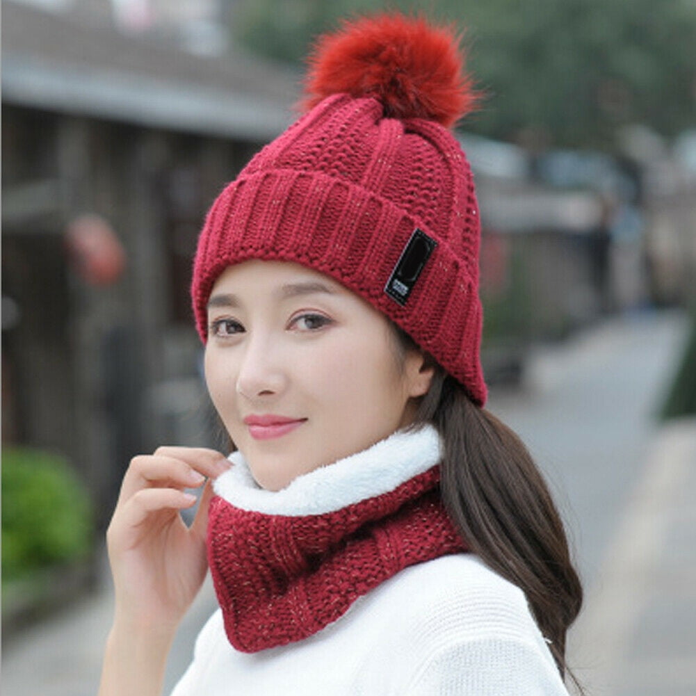 Women's winter knit set pom pom hat and scarf