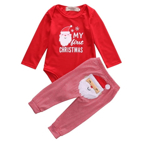 

Bagilaanoe 2Pcs Newborn Baby Girl Boys Christmas Outfits Santa Claus Print Long Sleeve Rompers Tops + Striped Trousers 3M 6M 12M 18M Infant Fall Long Pants Set