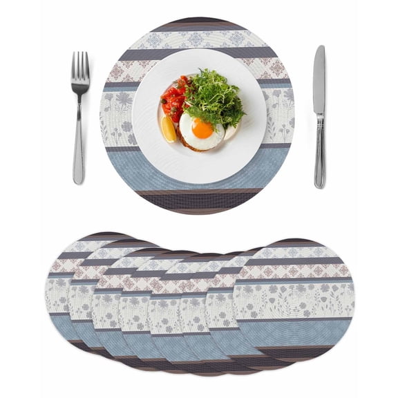 Blue Brown Stripes Round 15 Inch Placemats Set of 8, Abstract Geometric Spring Flowers Country HeatResistant Non Slip Place Mats for Dining Table, Wipeable Braided Kitchen Table Mats for Housewarming