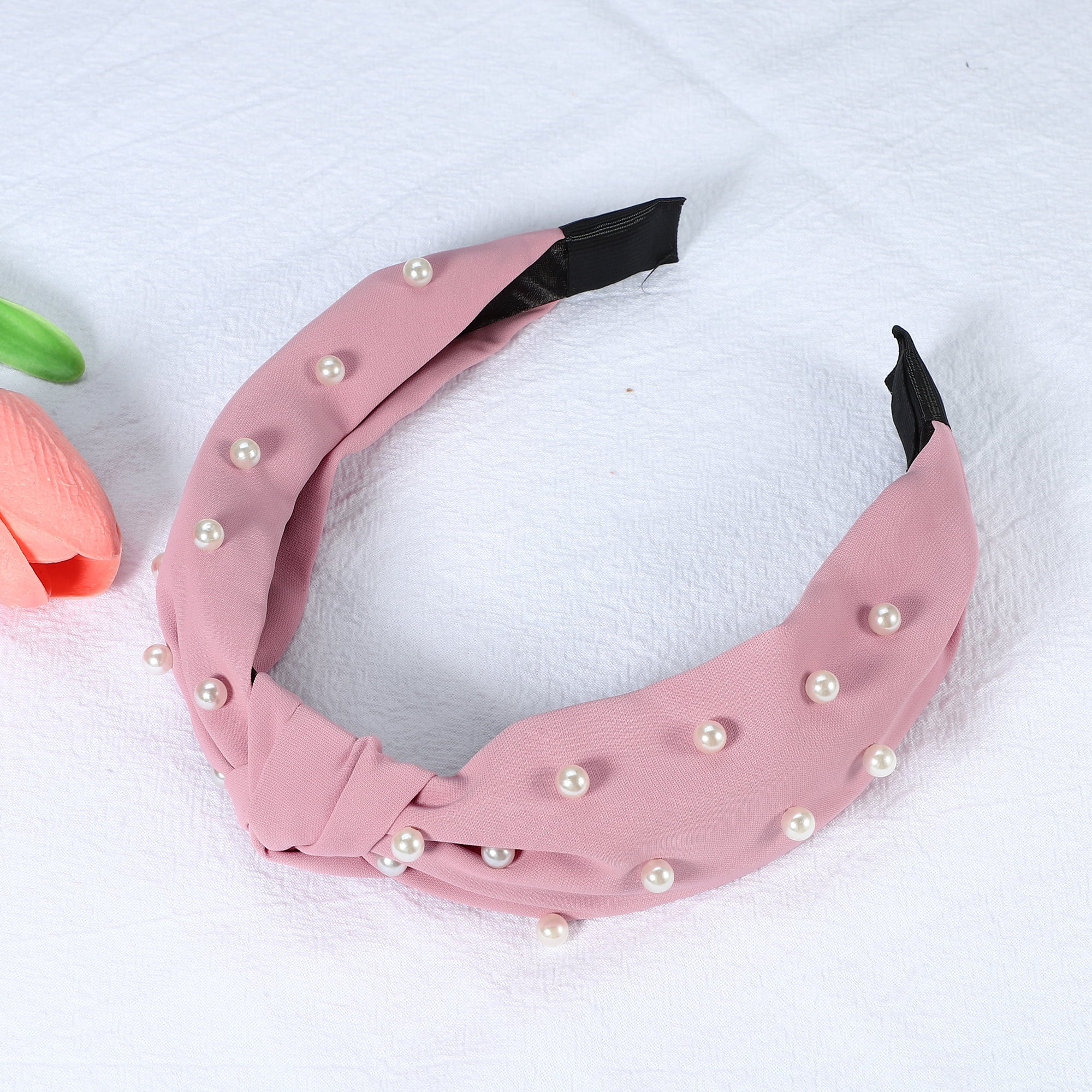 Unique Bargains 1 Pcs Satin Knotted Pearl Headband Hairband for Women 1.1 Inch pink