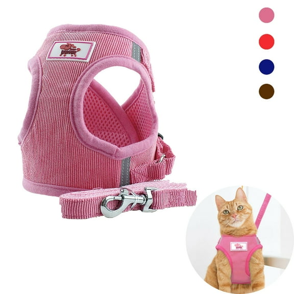 PULLIMORE Dog Harness and Leash Set Adjustable Reflective Soft Corduroy Pet Vest for Night Walking Puppy Kitten (XS, Pink)