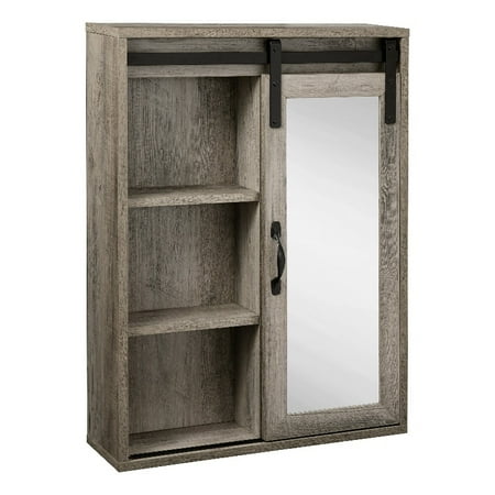 Walker Edison Modern Farmhouse Sliding Barn Door Wall Storage with Mirror - Grey Wash