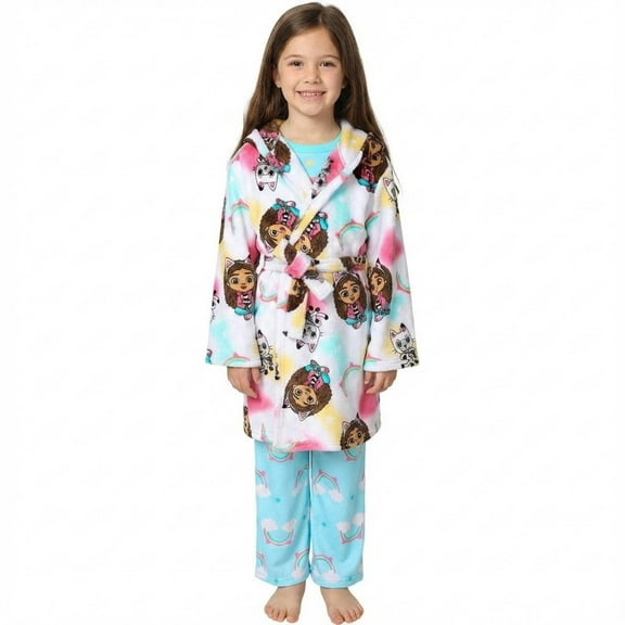Gabby's Dollhouse Gabby and Pandy Paw Girl's Fleece Hooded Robe and Pajama Set, Size 8