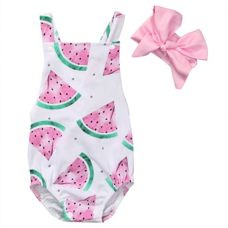 

Nokiwiqis Summer Newborn Watermelon Printed Romper Top+Solid Color Headband