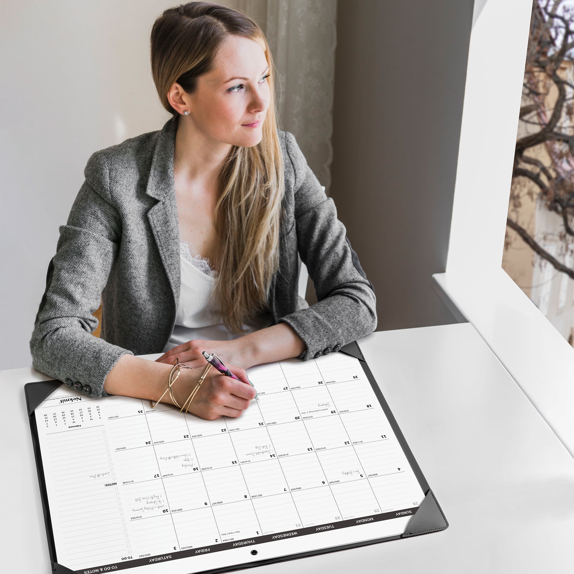 Nekmit Desk Calendar 2026-2027 with PU Desk Pad, 21" x 16 1/2", Black