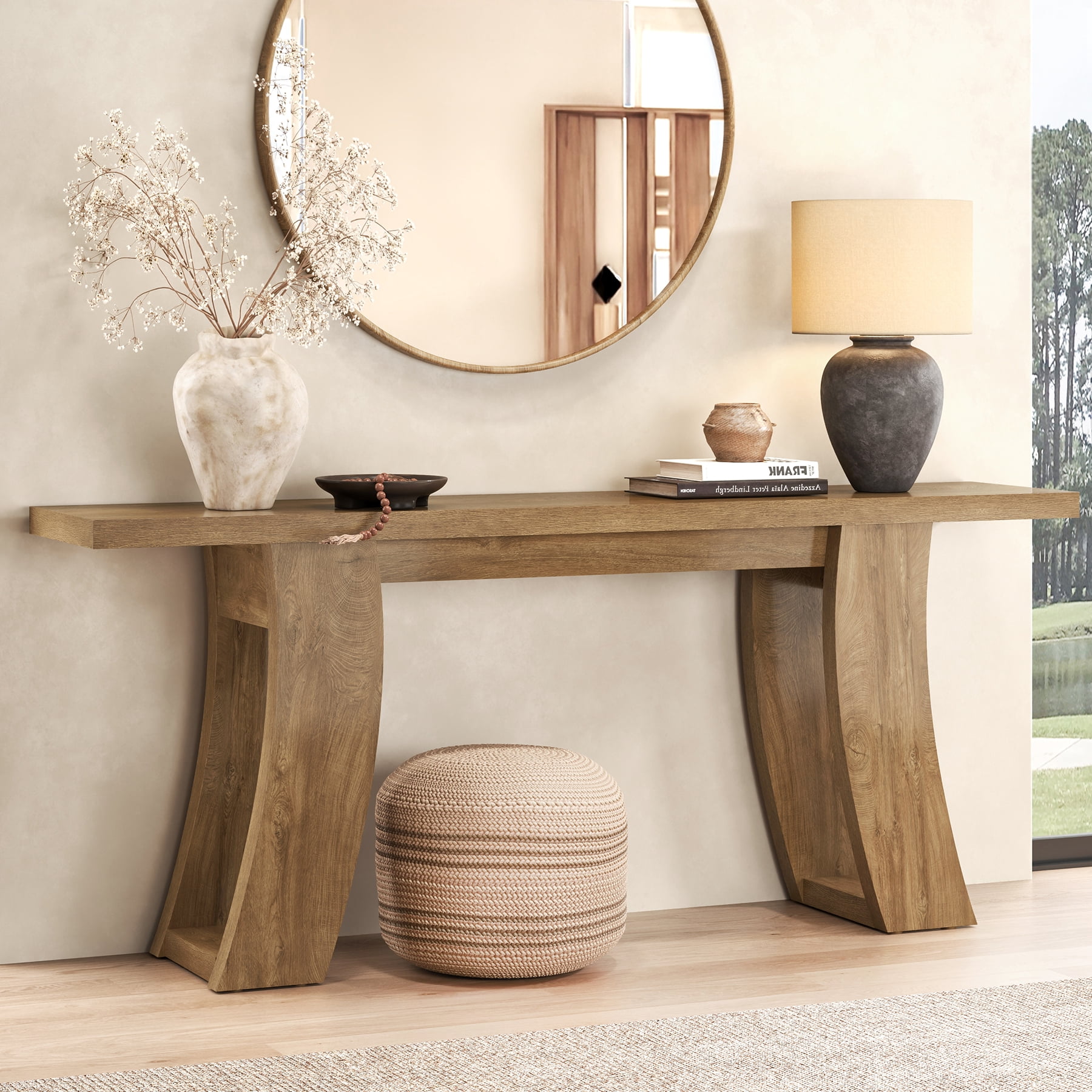 Epecoya 70.9 inch Farmhouse Wood Console Table - Light Brown Oak Entryway Sofa Table with Curved Base for Living Room or Hallway