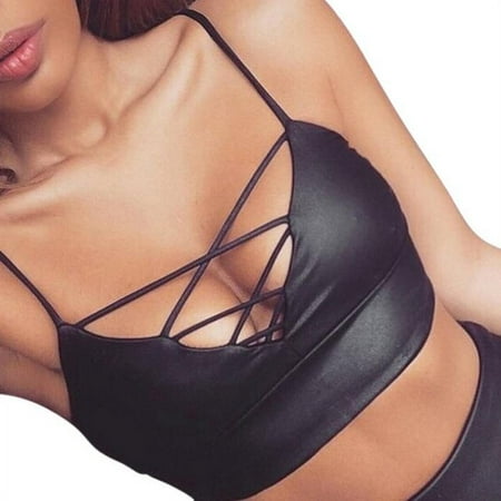 

BIZIZA Leather Bandeau Bra with Straps for Women Cami Strap Bralette Sexy Strappy V Neck Bra Black XL