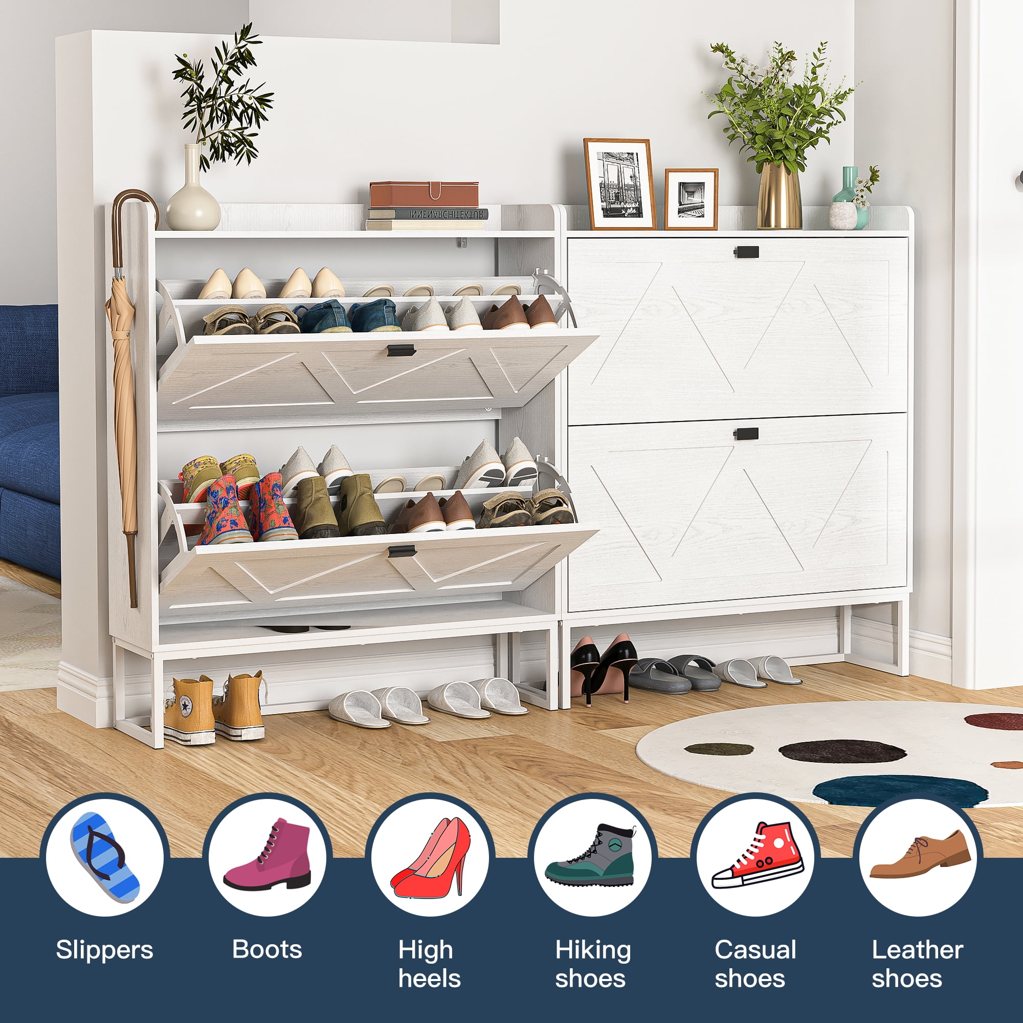 Demi Bonn Shoe Storage Cabinet with 2 Flip Drawers, Freestanding Organizer with Metal Legs for Entryway, Narrow Shoe Rack Cabinet, White