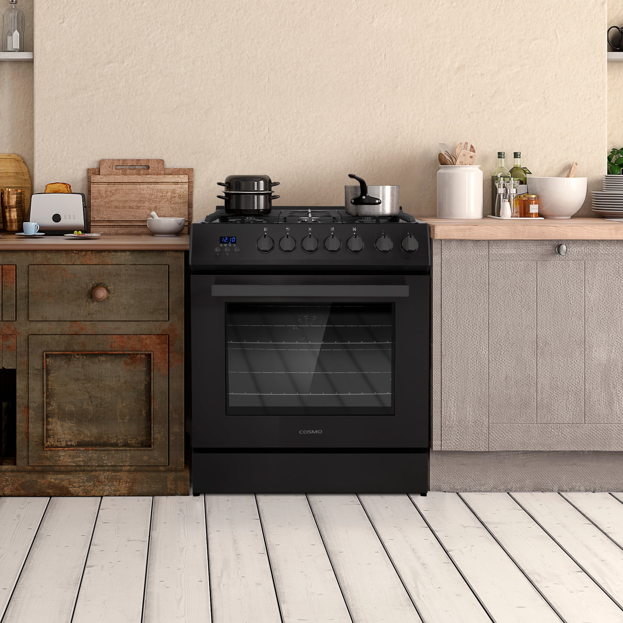 Cosmo 30 in. Nebula Collection 5.0 cu. ft. Gas Range, 5 Burners, Rapid Convection Oven, Matte Black