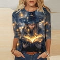 thumbnail image 2 of Xdegoge Women's Magic Spellbook Graphic Tees Halloween Shirts 3/4 Sleeve Crewneck Casual Fall Tops Starlight Witch Print Comfortable Pullover for Autumn Festival Wear, 2 of 5