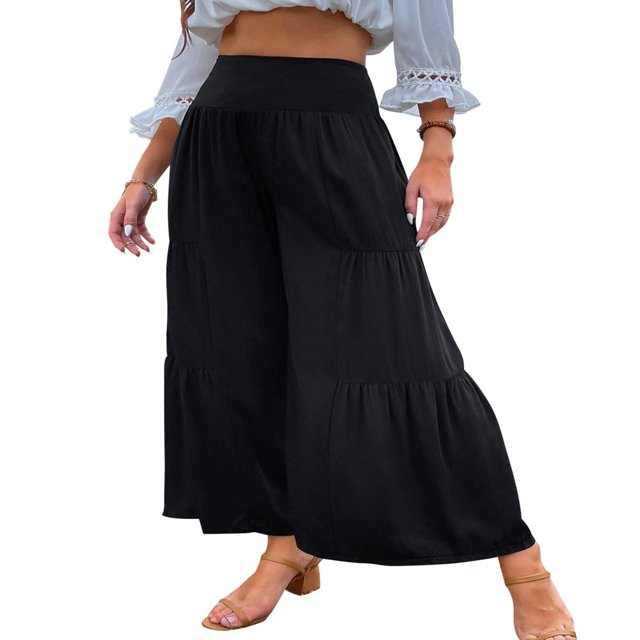 POINTERTECK Pantalons Larges Amples pour Femmes Taille Haute Couleur Unie Coupe Décontractée Plissée