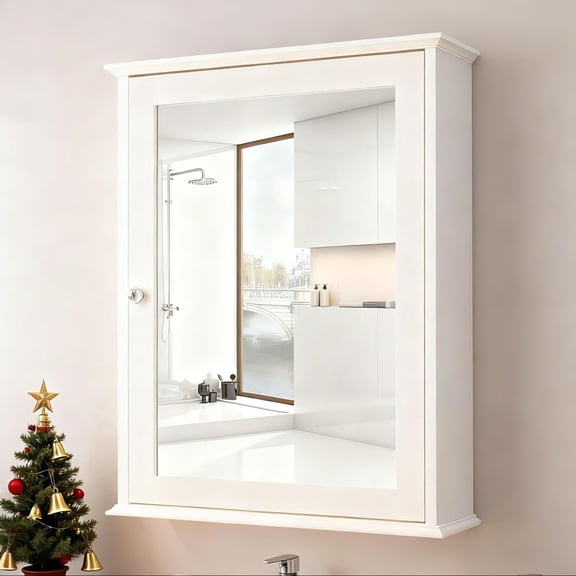 Ktaxon Bathroom Cabinet Wall Mount Mirrored Medicine Cabinet Storage Organizer with Single Door and Adjustable Shelves White