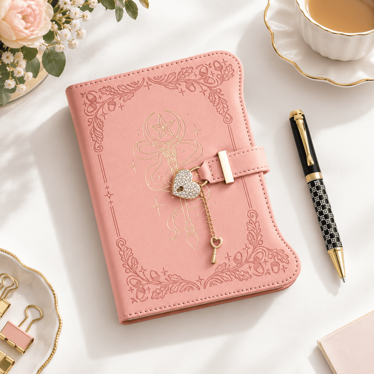 Pink A5 PU Leather Heart Lock Diary Journal with Lined Pages and Pen
