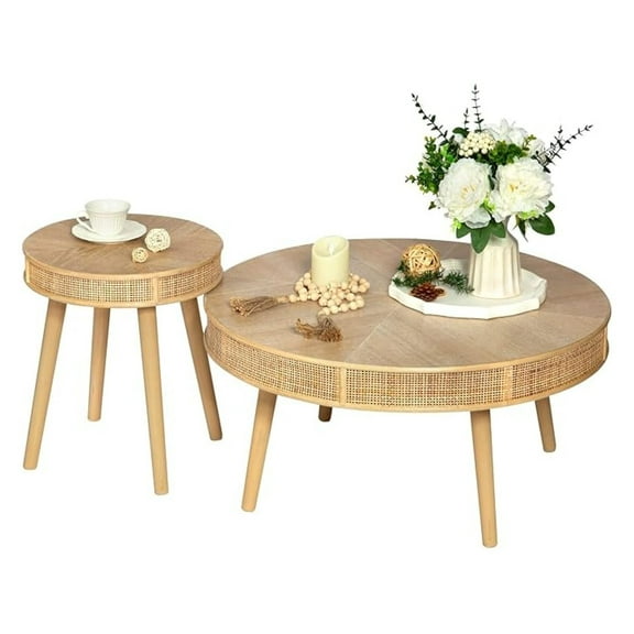 Farmhouse Coffee Table Set, 2 Piece Rustic Coffee & Side Tables, Solid Wood & Rattan Round Tables for Living Room, Modern Farmhouse Decor, Natural Finish