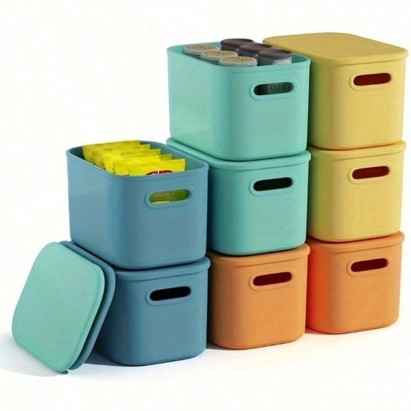 8 Pack Colorful Storage Bins with Lids Stackable Storage Container for Organizing, Storage Boxes with Handle for Shelves, Cute Storage Bin for Craft, Snacks, 9.85x6.9x5.7 inch
