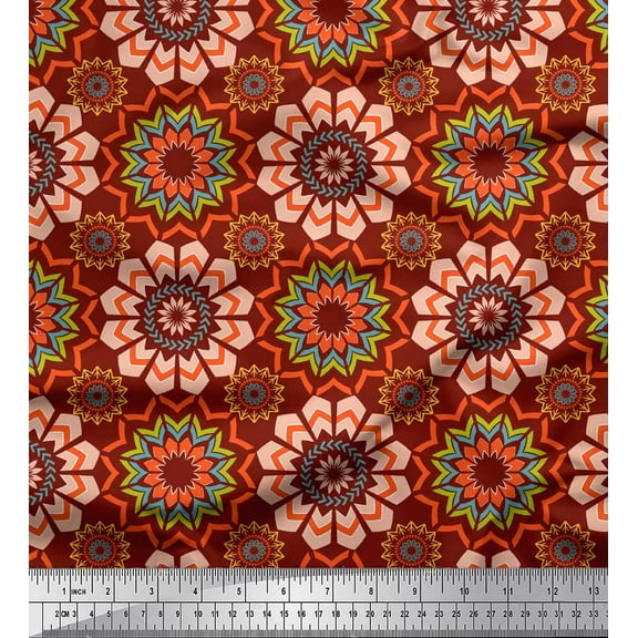 Soimoi Red Cotton Duck Fabric Multicolor Mandala Print Fabric by the Yard 42 Inch Wide