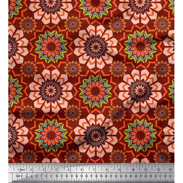 Soimoi Red polyester Crepe Fabric Multicolor Mandala Printed Fabric 1 Yard 42 Inch Wide