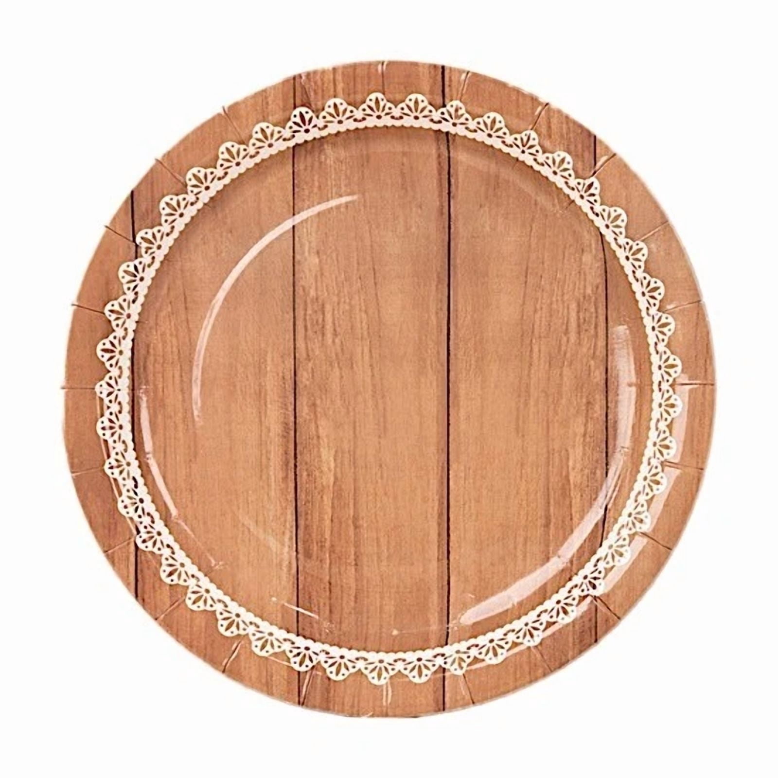 PRIME - 25 Brown 9 In Wood Print Floral Lace Disposable Salad Dinner Paper Plates Party