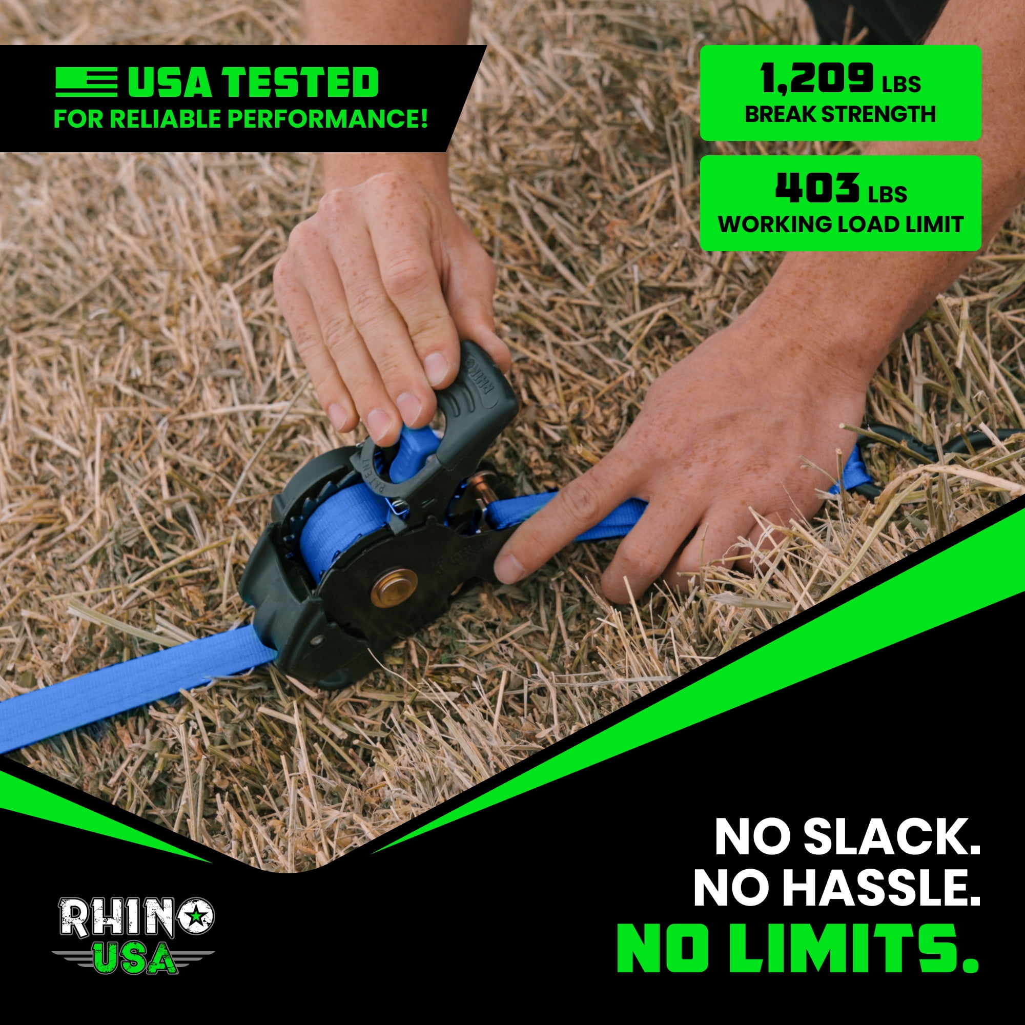 Rhino USA 1" x 10' Retractable Ratchet Straps 1,209lb Break Strength (Blue 2-Pack)