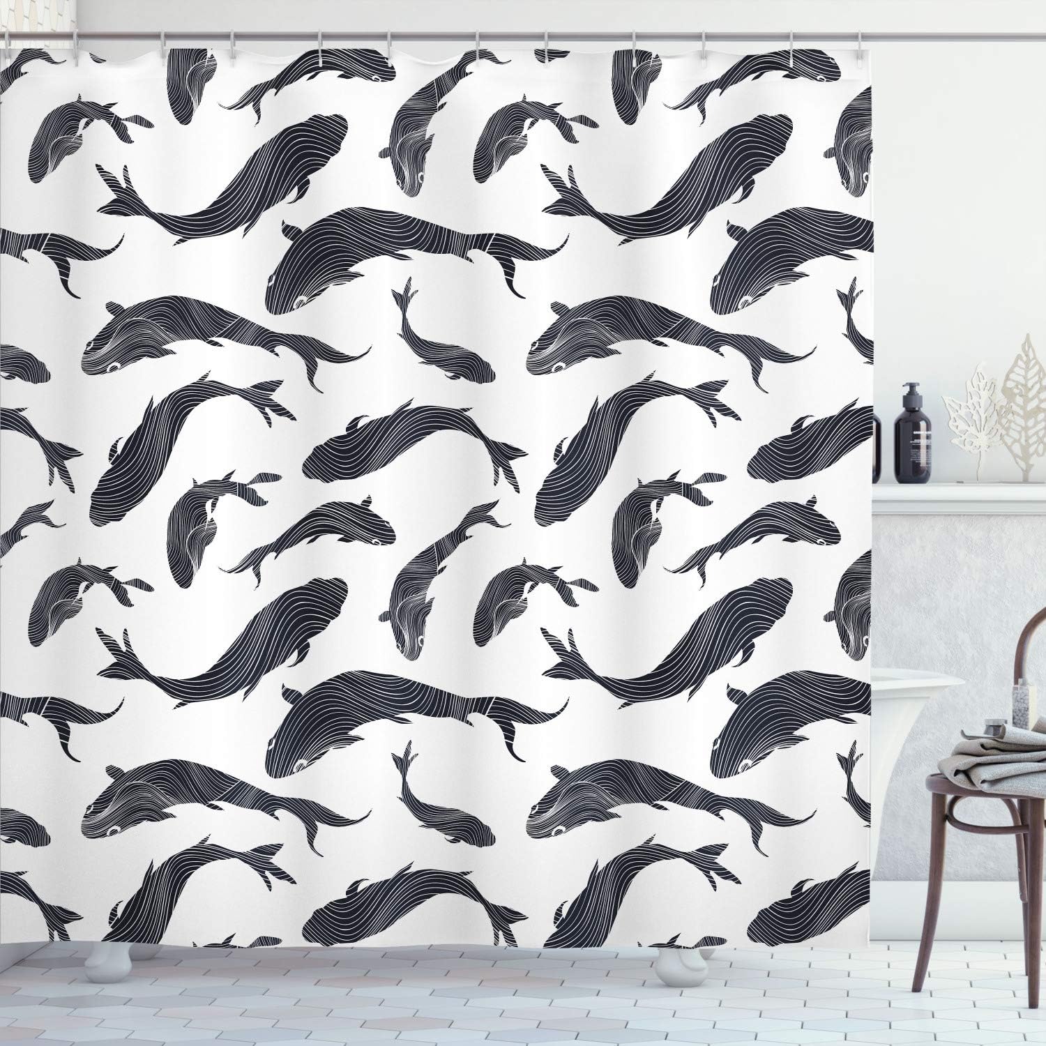 SPXUBZ Fishes Shower Curtain, Minimalist Fish Pattern Stripes Tropical Fauna Tail Hand Drawn
