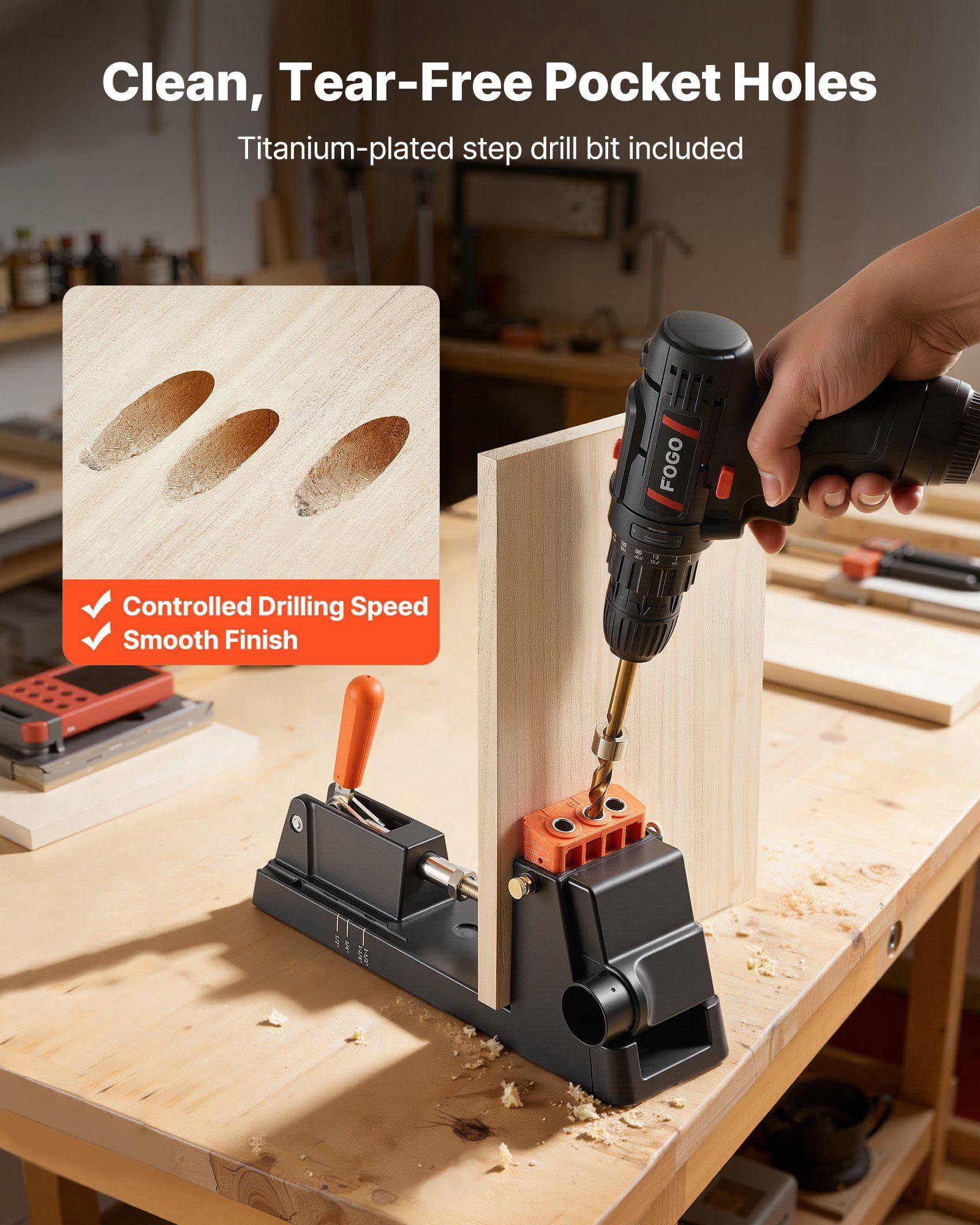 Pocket Hole Jig Kit Adjustable 0.5 to 1.5 Inch Lightweight System with Dust Collection Adapter Detachable Guide Block Drill Bit Stop Collar for Woodworking