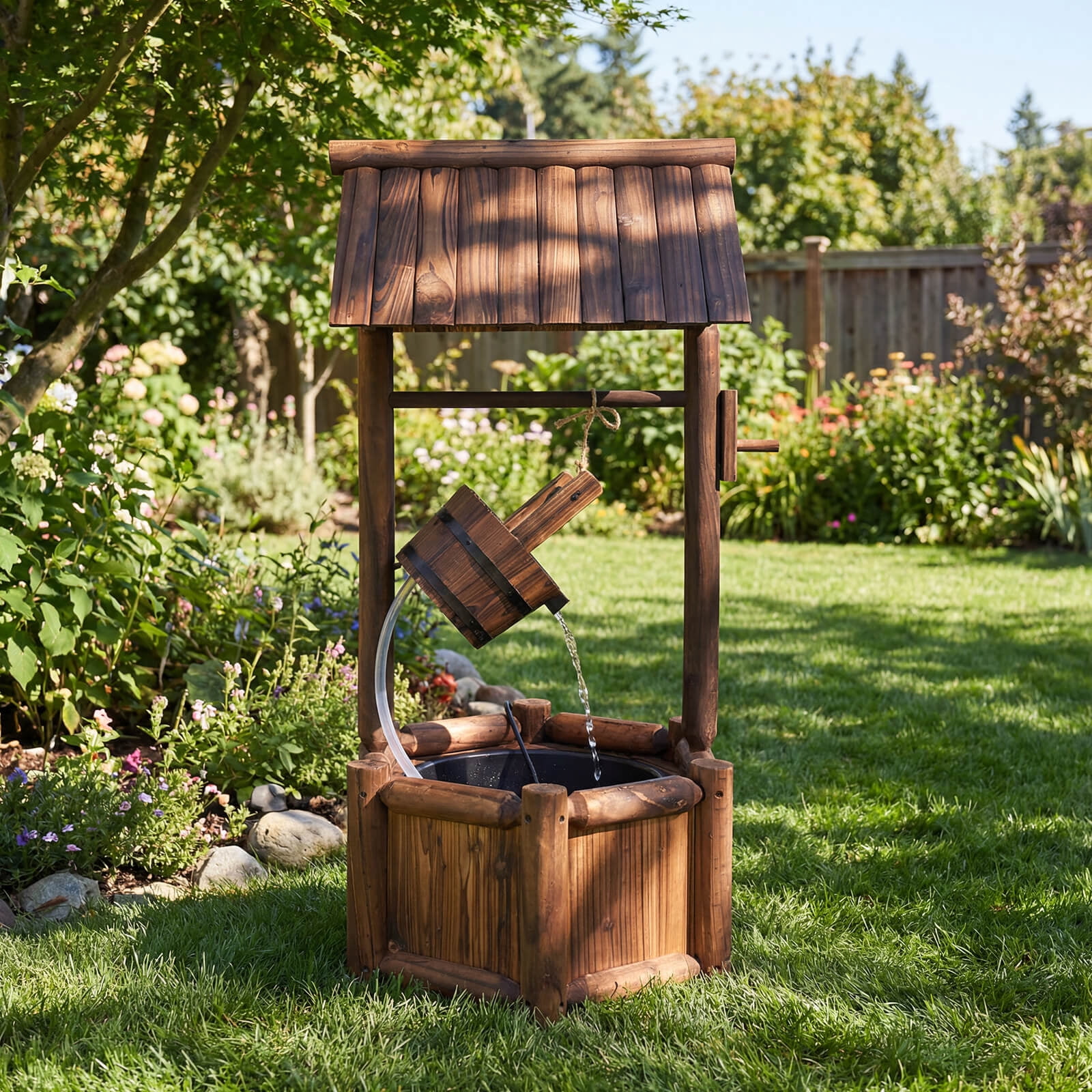 Costway Garden Rustic Wishing Well Water Fountain Wooden Outdoor Electric Backyard Pump