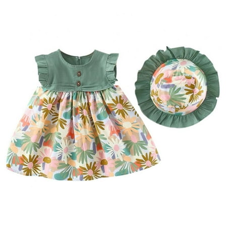 

Toddler Infant Girl Flower Dress 2Pcs Summer Boho Floral Ruffle Sleeve Tutu Dresses with Sun Hat Baby Clothes Set