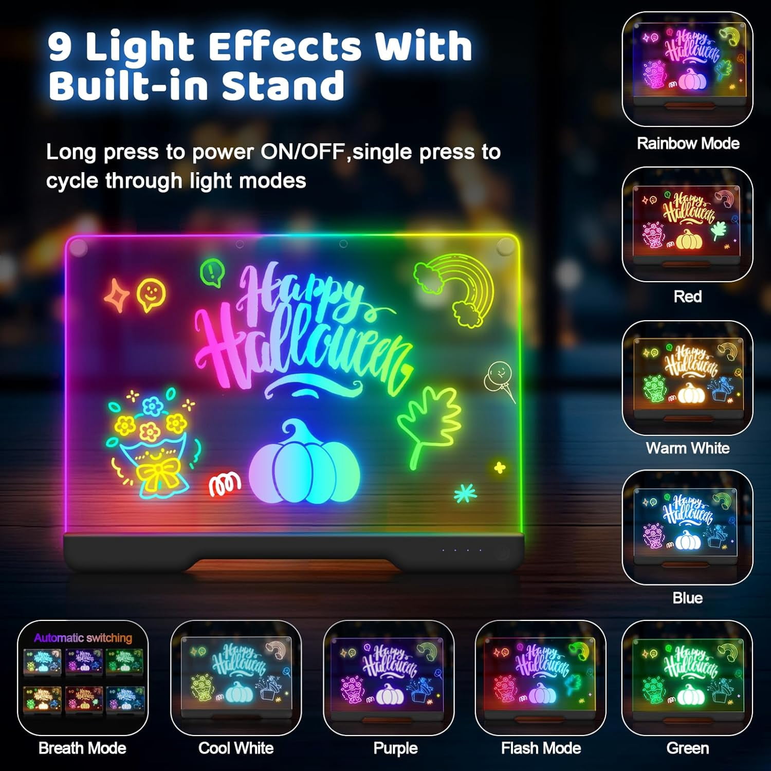 Rechargable "13.7"X10" LED Light-Up Dry Erase Board with 9-Color Neon Doodle Glow Drawing, Touch Control & Stand - Night Light up for Kids Room/Office/Gift, Includes 5 Markers (Black)