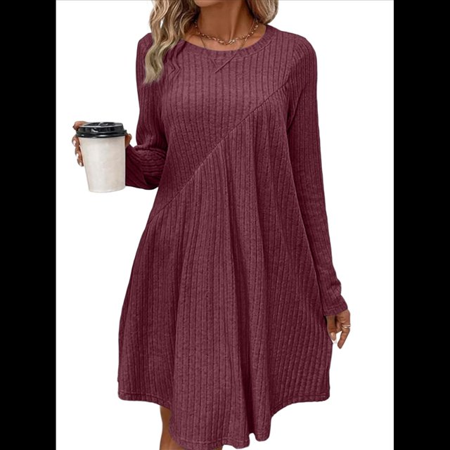 Vestido de Mujer de Larga, Cuello Redondo, Cintura Alta y Cintura Irregular. Vino Tinto L