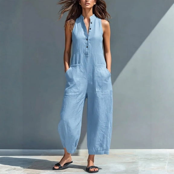 Linen Jumpsuits for Women Sleeveless Loose Wide Leg Long Pants V Neck Button Down Jumpsuits with Pockets, M