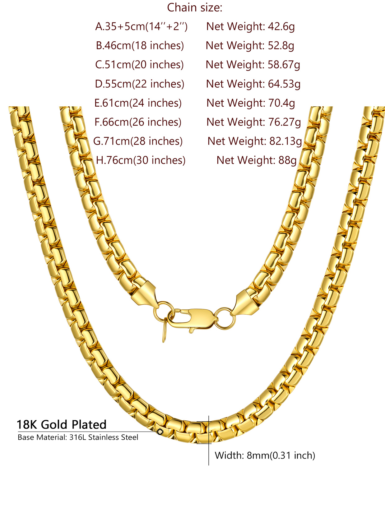 ChainsProMax Gold Plated Flat Box Chain for Men Necklace Stainless Steel 24inch 8mm Hip Hop Jewelry Fathers Day Gift for Dad Son