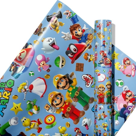 Super Mario Wrapping Papers for Kids (5Pcs:27.8*20in)Perfect for Birthdays, Holidays & Parties， Mario, Luigi, Yoshi, Bowser, Princess Peach, Toad