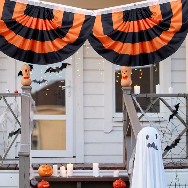 Bandera de jardín estampada a rayas festoneadas de Halloween | Banner de abanico de poliéster con encabezado de lona y ojales | Decoración colgante interior y exterior | 70.8x35.4 pulgadas
