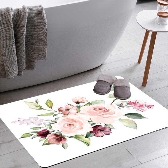 Decorative Watercolor Flowers Floral Bath Rugs 16x24 Inch Non Slip Bath Mat Quick Dry Absorbent Thin Bath Rug Fit Under Door Washable Bath Floor Rugs for Bathroom Bathtub Shower Sink,Multi 9