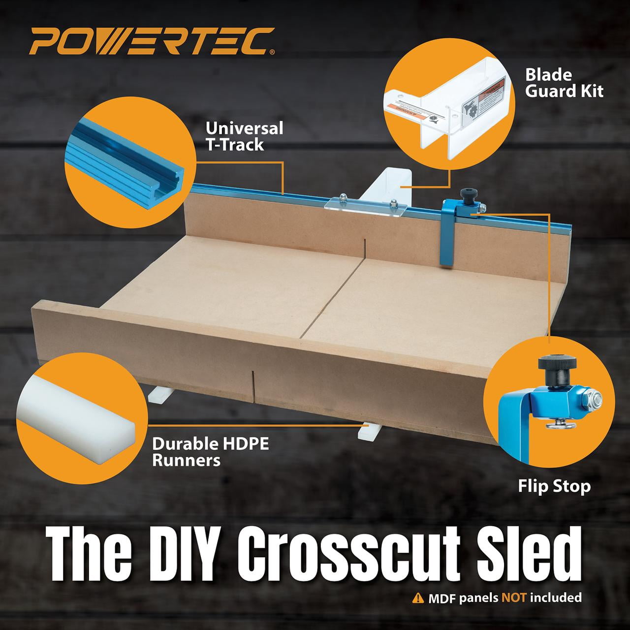 POWERTEC Table Saw Sled w/Blade Guard, 24" T Track, 19" HDPE Miter Bars, 3" T Track Stop Block, Bolt, Screw, Miter Slot Runners for DIY Table Saw Crosscut Sled, Woodworking Tools Accessories (71703)