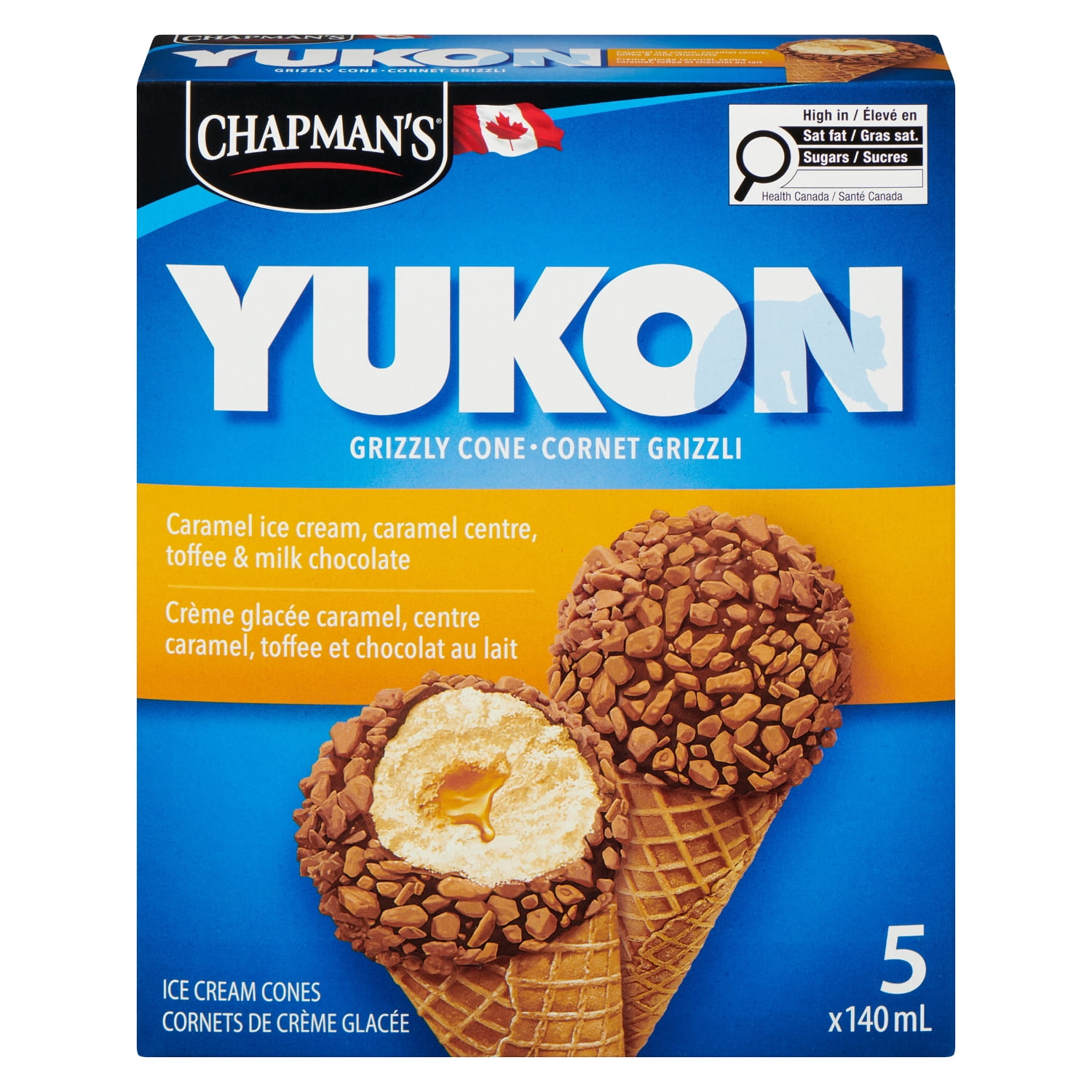 Chapman's Yukon Grizzly Caramel and Toffee Ice Cream Cone in a Box, 5 x 140mL