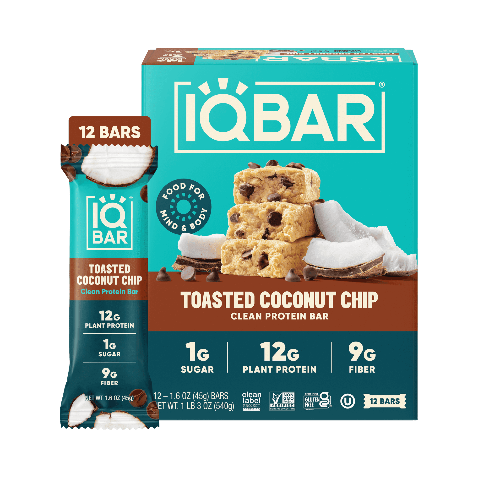 IQBAR Clean Plant Protein Bars - Toasted Coconut Chip - 12 Count - Keto, Vegan, High Fiber, Gluten and Dairy Free, Low Sugar Snack