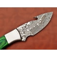 thumbnail image 4 of 9.5" long Damascus steel Gut hook skinning knife, Full tang Rain drop pattern straight back blade, Green colored wood scale with steel bolster, includes Cow hide Leather sheath (Green Wood), 4 of 7