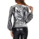 thumbnail image 3 of INSPIRAR CHIC Blusa de Fiesta de Manga Obispo con Brillo Metálico para Mujeres, Cuello Redondo, Talla XS, Plata Oscuro, 3 of 6